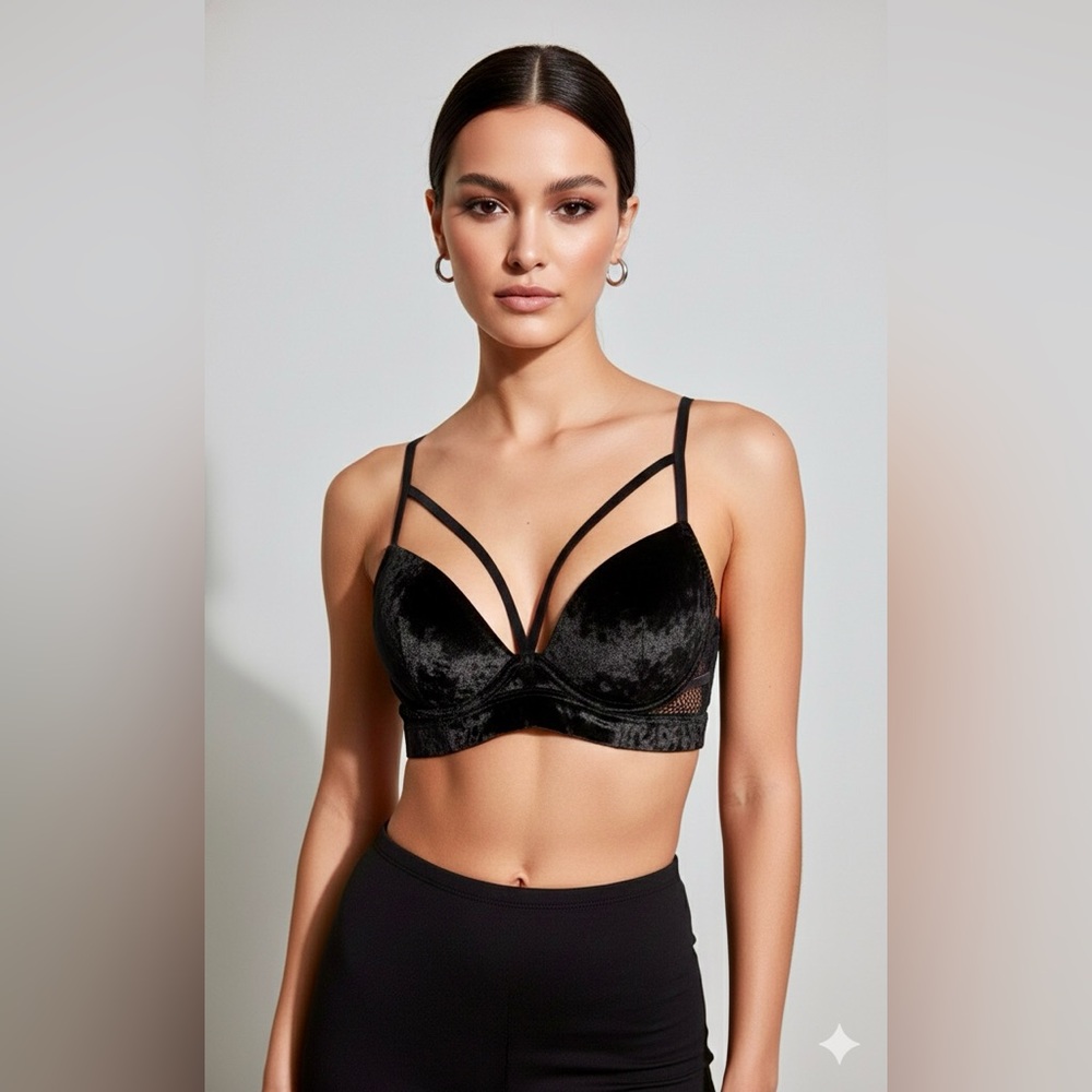La Senza Velvet Bralette Black Size Medium Mesh Sides Front Cage Straps